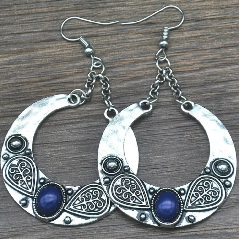 Vintage Bohemian Carved Circle Silver Electro-Plated with Blue Stone Earrings